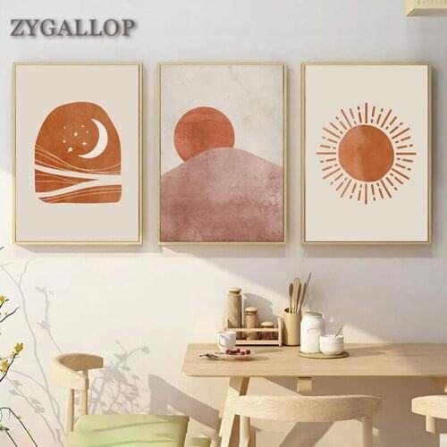 Nordic Minimalist Sun and Moon Canvas Posters Abstract Landscape Wall Art Pictures Boho Wall Painting for Living Room Home Decor