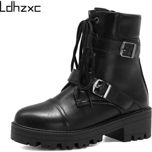 LDHZXC 2020 Fashion Buckle Ladies Ankle Boots winter Punk Style Mid Heel Platform Boots For Women Hot Sole Shoes big size 42 43