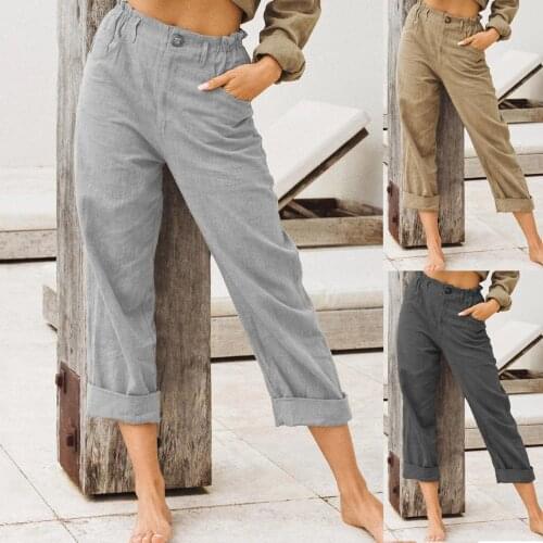 Fashion Womens Cotton Linen Pants Drawstring Back Elastic Waist Pants Casual Trousers Daily Comfy Suitable Pants Брюки Женские