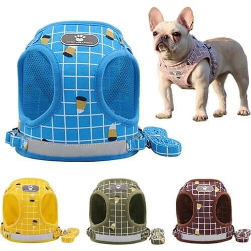 Soft Mesh Plaid Puppy Harness Small Dog Harness & Leash Set Adjustable & Comfortable Padded Reflective Pet Vest for Dog Walking
