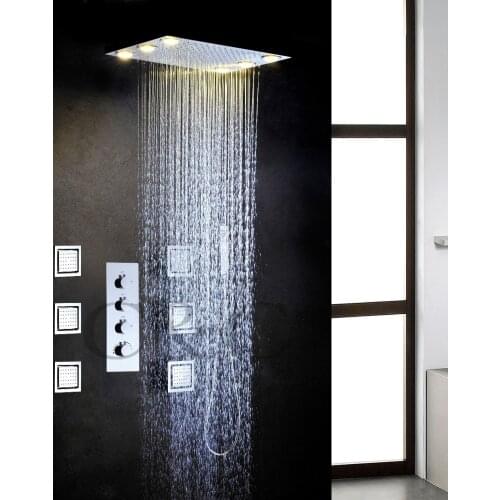 Rainfall Bathroom Shower Faucet Set LED Yellow Big Lamps Head Shower 4 Inch Massage Spray Jets