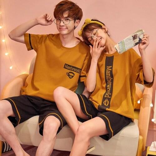New Couple Sleepwear Men And Women Matching Home Suit Cotton Chic Letter Print Short Sleeve Leisure Nightwear Pajamas For Summer