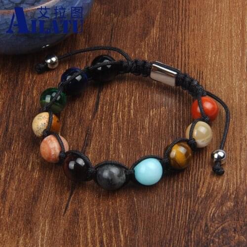 New Eight Planets Beaded Macrame Bracelet Natural Mix Stones Universe Yoga Chakra Solar Jewelry Stainless Steel Logo Print