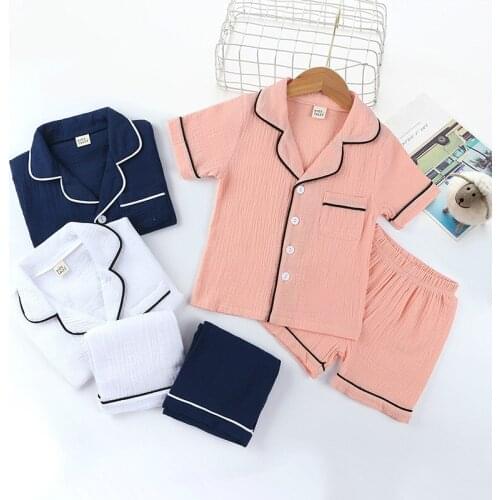 Kids Pajama Sets for Boys Girls 3-8T pure color cotton linen Outfits Set Short Sleeve Blouse Tops+Shorts Sleepwear Pajamas Soft