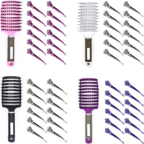 Professional Curved Vented Soft Bristle Hairbrush Hair Massage Brush Comb with Hairclip for Home Hair Salon Styling Tools