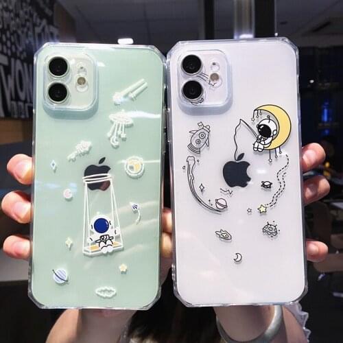 Cute Cartoon Astronaut Planet Star Clear Phone Case For iPhone 12 Pro Max 11 X XS XR 7 8 Plus Transparent Soft Shockproof Cover