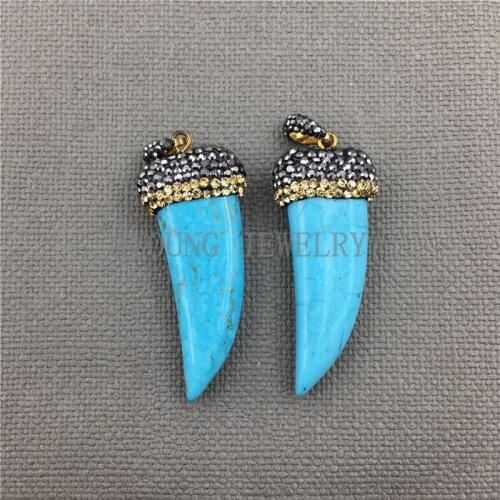 MY0444 Blue Howlite Horn Pendant Paved Rhinestone With Pure Gold Color Bail For Necklace Making