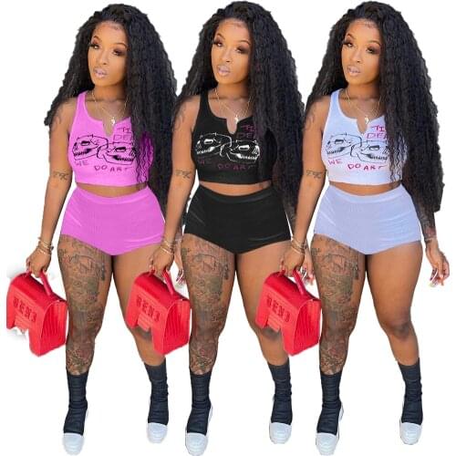 Echoine Letter Cartoon Print Sleeveless Crop Tank Top and Shorts Tracksuit Suit Jogger Suit Female Sports Two Pieces Set Outfits