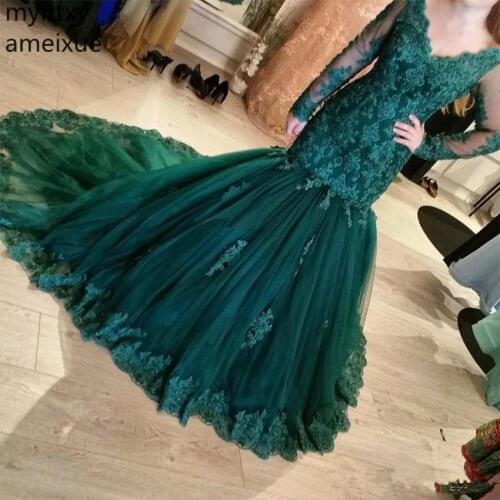 Dark Green 2020 Lace Mermaid Evening Dresses V Neck Court Train Tulle Long Illusion Sleeves Party Gowns Custom Dress Plus Size