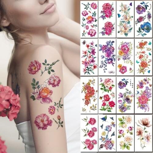 Waterproof temporary tattoo stickers pink peony flower romantic rose henna fake body art flash tatoo bo art