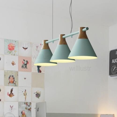 Willlustr Macaron color 3 heads suspension lamp colorful shade iron wood lamp hang lighting living dinning room restaurant hotel