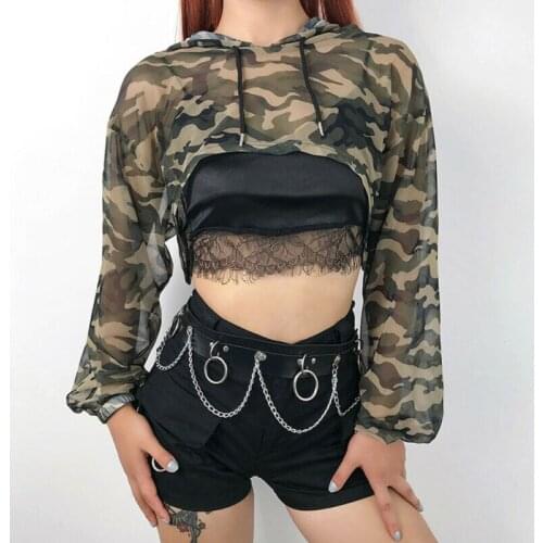 Women Sexy Mesh Sheer Blouses Camouflage Print Transparent Long Sleeve Crop Top Cool Girls Hooded Shirts Club Party Casual Tops