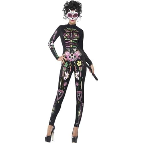 Women Black Floral Print Bodysuit Long Sleeves Sexy Tight Halloween Cat Costume 2017 Masquerade Party Skeleton Skull Jumpsuit