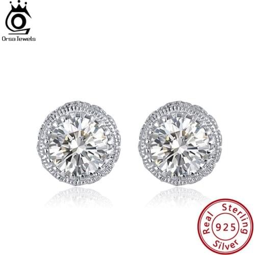 ORSA JEWELS Luxury Sparkling Gemstone Pure 925 Silver Stud Earring Round Shape with Full Zircon Bridal Wedding Earrings OSE231