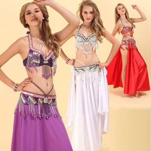 New Female Belly Dance Costumes Women National Dancer Stage Performance Clothes 3 Piece Bra Belt Skirt Set