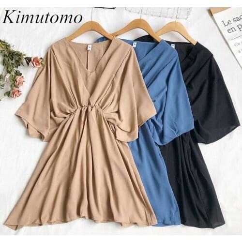 KIMUTOMO Summer 2021 New Vintage Dress Women V-neck Batwing Sleeves Slim High Waist Solid Color Vestido Elegant Casual