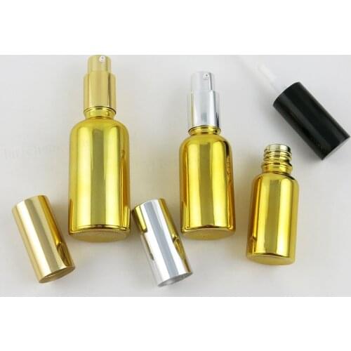 12 X High Quality Refillable Gold Glass Cream Shampoo Bottle With Gold Black Silver Pump 5ml 10ml 20ml 30ml 50ml 100ml