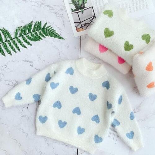 2-12Yrs Children Tops Soft Girls Lover Heart Pattern Sweater Long Sleeve Thick Mink Down Sweater Tops Autumn Winter Clothing