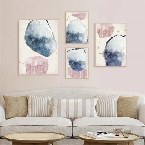 Pink Blue Abstract Canvas Painting Gold Color Minimalist Wall Art Print Poster Modern Nordic Wall Pictures For Living Room Decor