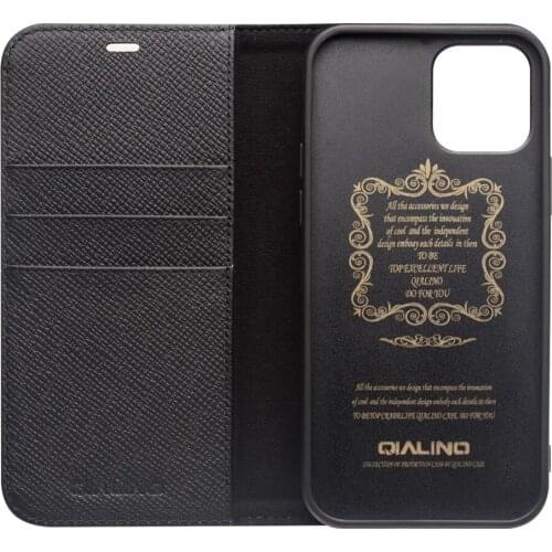 QIALINO Genuine Leather Card Slot Phone Back Case for iPhone 12 Pro Max Business Style Bracket Function Flip Cover for iPhone 12