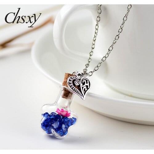 CHSXY 9 Color Heart Drift Bottle Crystal Stone Necklace Dried Flower Pendant Silver Color Clavicle Chain Necklace Woman Gift