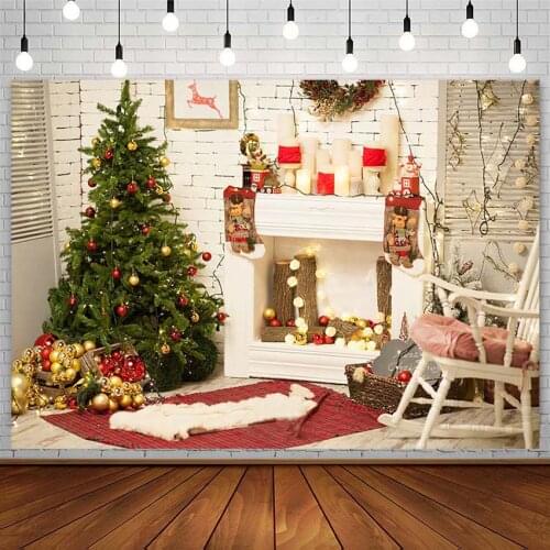 Winter Christmas Backdrop Tree Fireplace Bell Candle White Wall Baby Portrait Photography Background Photostudio Photozone Decor