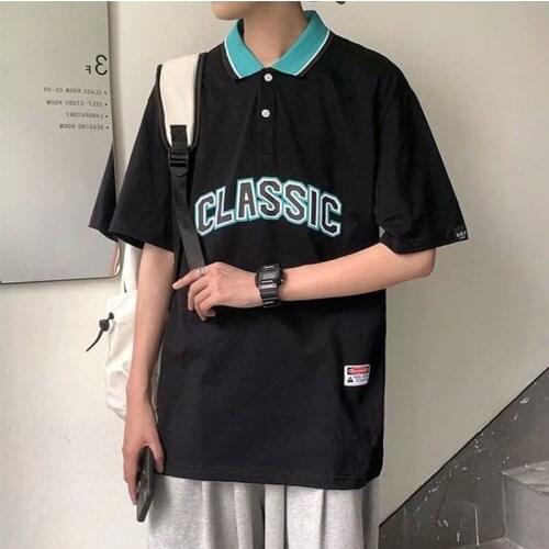 Men T Shirt Summer Classic Letter Print Short Sleeve Turn Down Collar Korean Fashion Harajuku Cotton Polo Shirt Streetwear Tops
