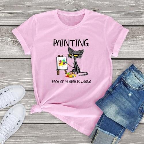 100 cotton Painting Cat t shirt women clothing Painting Because Murder Is Wrong white women shirts oversize fashion girl top 3xl