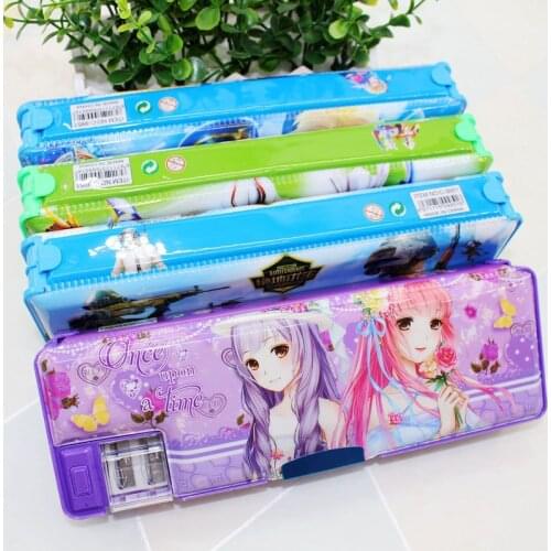 Multifunction double open plastic Pencil case Students cartoon with Pencil sharpeners 21.5*7.5*3cm