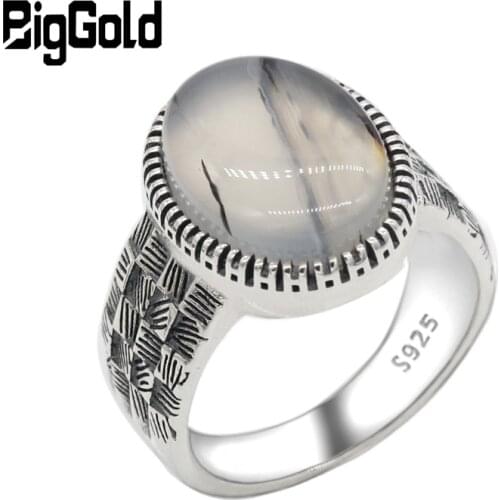 925 Sterling Silver Men Ring with Big Natural Onyx Stone Vintage Weave Style Thai Silver Ring for Men Women Turkish Jewelry