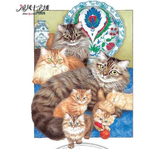Cat family cross stitch kit DMC brand thread animal dog count canvas fabric embroidery handmade needlework