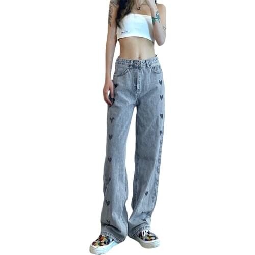 2021 New Women Loose Jeans, Adults Love Pattern High Waist Straight-leg Pants with Pockets Fashion Joker