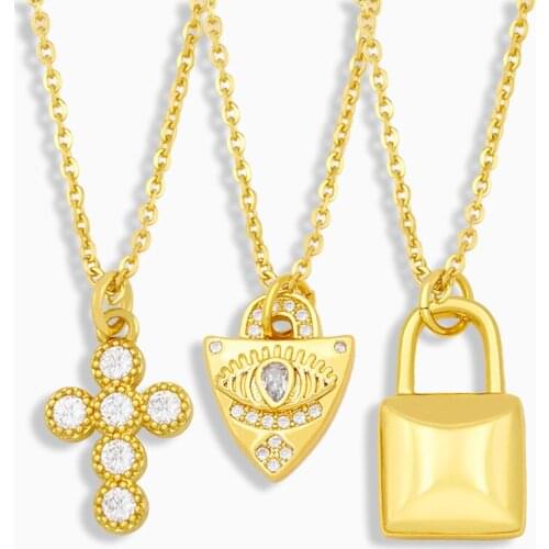 FLOLA Crystal Cross Padlock Necklace For Women Gold Plated Evil Eye Pendant Necklace CZ Zicronia Wholesale Jewelry Gifts nkeu69