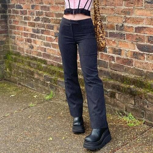 Casual Black Striped Straight Pants Women Suit Pants Office Lady High Waist Slim Fit Fashion Elegant Long Trousers