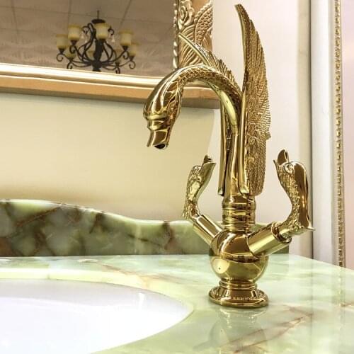 Luxury Golden solid Brass Swan Bathroom Dual Handles vessel sink Faucet Mixer Tap deck mounted