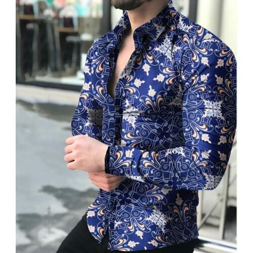 Men Casual Shirt Floral Print Buttons Wild Shirts Summer Long Sleeve Turn-down Collar Tops camisas de hombre рубашка мужская