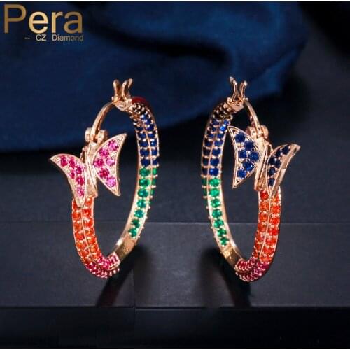 Pera Beautiful Butterfly Shape Blue Red Cubic Zirconia 585 Gold Big Circle Colorful CZ Dancing Party Hoop Earring for Women E656