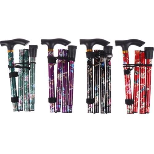 Adjustable 84-93cm Folding Walking Stick Sturdy Printed Travel Five-section Patterned Non Slip Crutch Cane Outdoor Sport Hiking