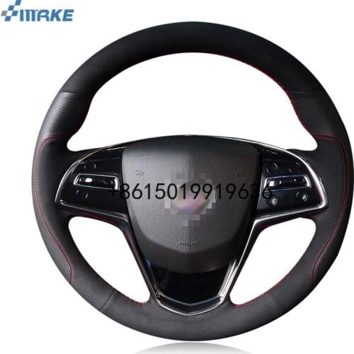 SmRKE For Cadillac ATS-L CTS SRX CT6 XT5 Steering Wheel Cover DIY Hand-stitched Car Interior Case Top Leather