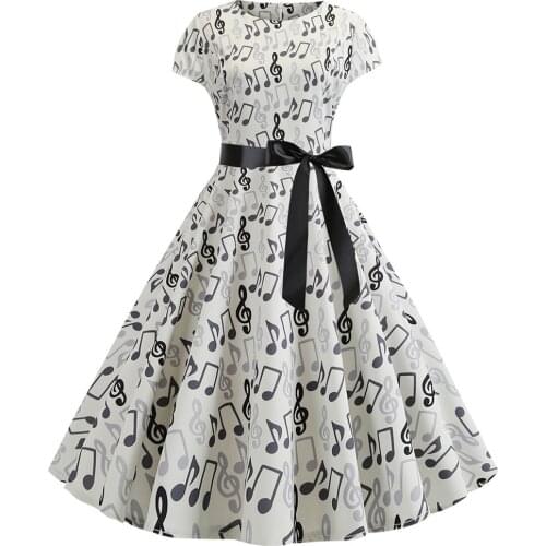 Stylish Bar 2020 New Summer Women Vintage 1950s Retro Short Sleeve O-Neck Printed Party Prom Swing Dress Vestidos Sexy Mujer