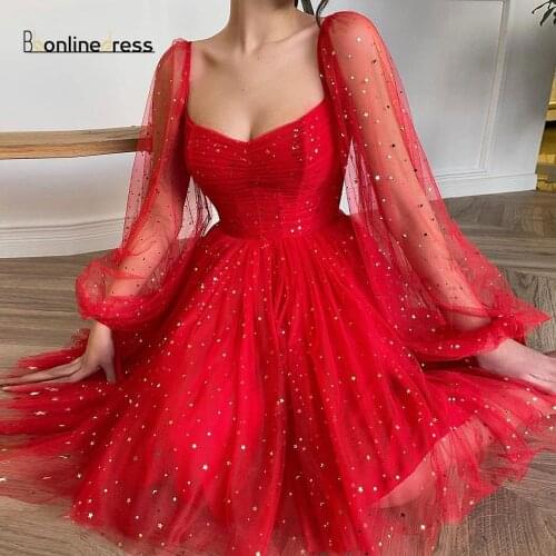 Bbonlinedress Tulle Long Sleeve Red Short Prom Dress 2021 Square Neckline Knee Length Party Dress vestido de festa curto