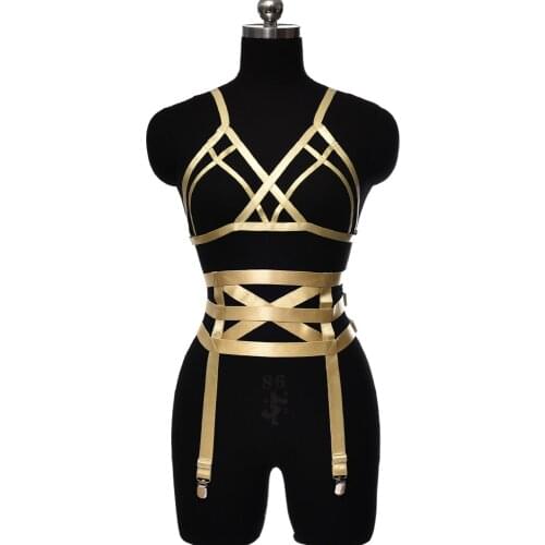 Women Garter Body Harness Cage Set Elastic Crop Top Bondage Sexy Bra Goth Hollow Lingerie Leg Stockings Harness Belt