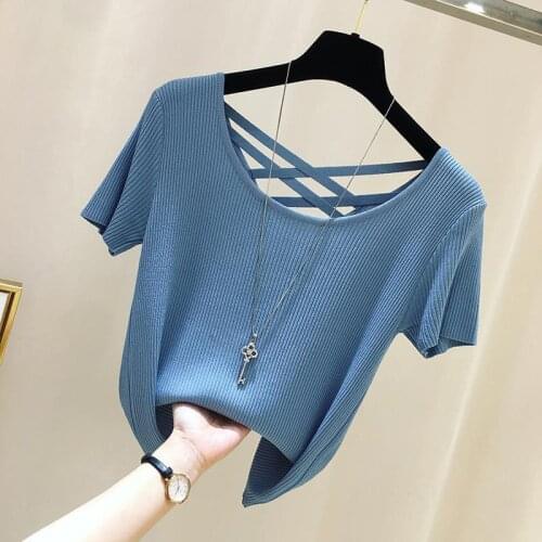 2021 New Summer Women Fashion Korean Style Sexy Backless Knitted T-Shirt Female Causal Solid Ice Silk Slim Jumper Tees Tops A42