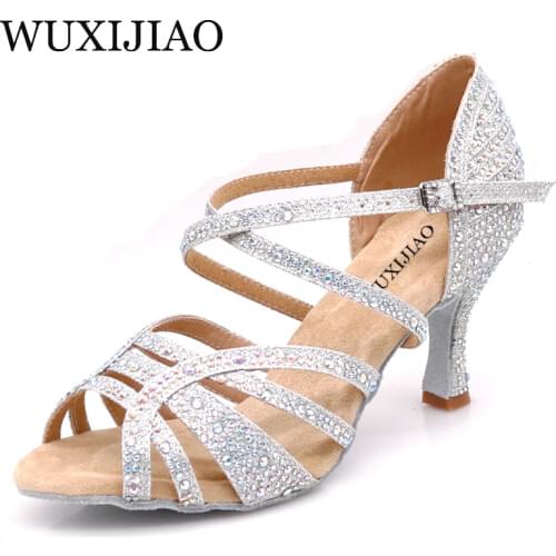 WUXIJIAO Latin Rhinestone Dance Shoes Women Salas Ballroom Shoes Wedding Shoes High Heel 9cm Waltz Software Hot Sale dance Shoes