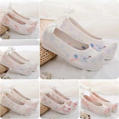 Hanbok Shoes Womens Ancient Elevator Everted Toe Embroidered Shoes National Style Matching Ancient White Lace-up Bow Shoes