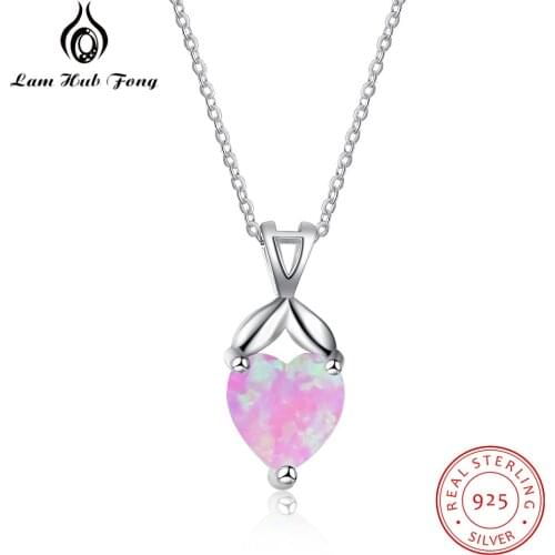 Cute Heart Shape Necklace Pink Opal Stone Necklace Women 925 Sterling Silver Necklace Silver 925 Wedding Jewelry (Lam Hub Fon