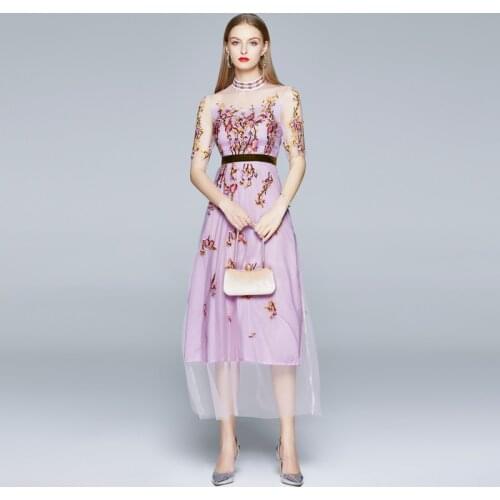 Embroidery Mesh Sexy Dress Hollow Out Chiffon Sweet Regular Turtleneck Strap Flower Birthday Dress for Women Summer Dresses 2021