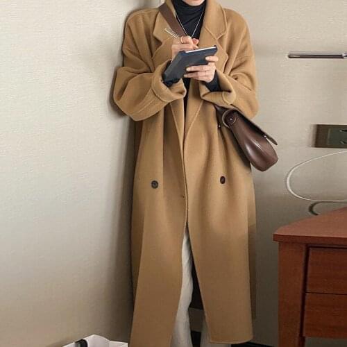 2021Women Elegant Winter Double-Faced Cashmere Overcoat Long Vintage Woolen Coat Suit Collar Loose Coats Lady Streetwear Outwear