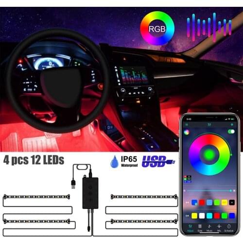 4pc 48 LED Strips USB LED RGB Atmosphere Strip Light 12-24V Music Auto Neon Light Car Interior Lighting Room Decor Ambient Light