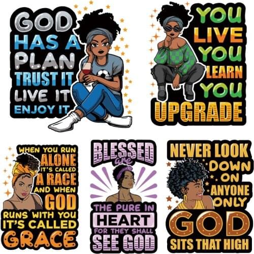 Africa Black Girls Thermal Sticker Patches Iron On Clothes Fashion God blessed Heat Transfer DIY T-shirt Decal Women Patches